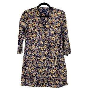April Cornell Boho Floral Cotton 3/4 Sleeve V Neck Dress XS Navy Blue Yellow